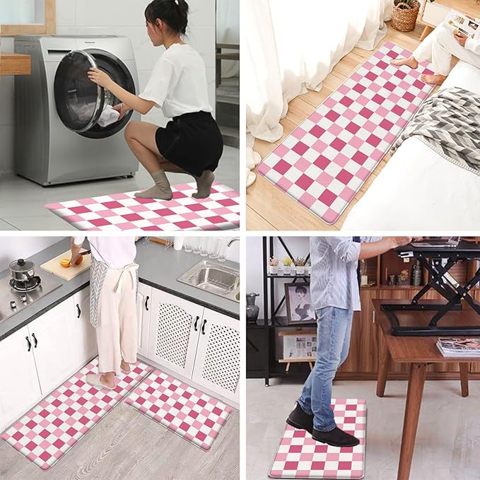 Bulijojo Pink Plaid Anti Fatigue Kitchen Floor Mats Set of 2 Waterproof Kitchen Sink Runner Rug Standing Mat Cushioned Kitchen Rugs Comfort Doormat 17"x47"+17" x30“