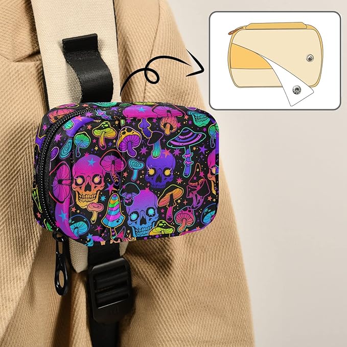 Pill Box Colorful Skull Mushroom 7 Day Pill Case Travel Pill Organizer Bag with Zipper Portable Weekly Vitamin Medicine Supplement Holder Pouch Bag