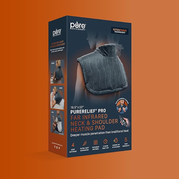 Pure Enrichment PureRelief Pro Far Infrared Neck & Shoulder Heating Pad - Deeper Muscle Relief, 4 Heat Settings, Auto Shut-Off, Universal Fit, Magnetic Closure, Dry/Moist Heat, Machine Washable