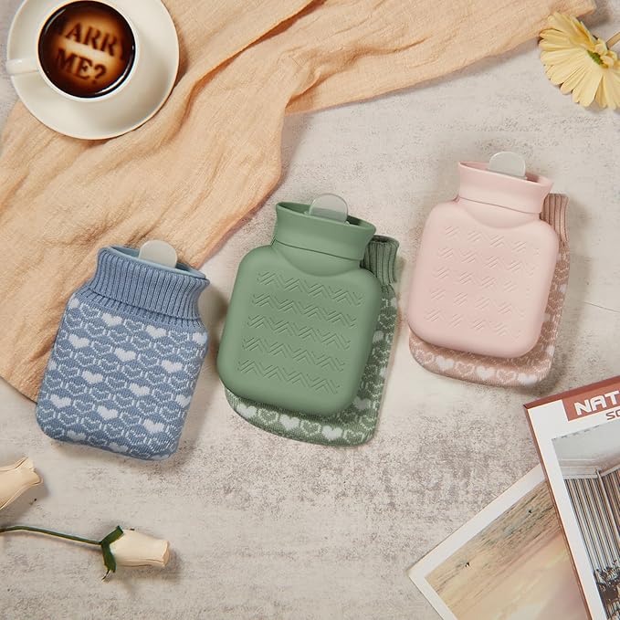 Amylove 3 Pcs Mini Hot Water Bottle for Hot & Cold Compress with Cover 320ml Silicone Microwave Heating Bottles Small Water Bag for Travel Holiday Gift(Beige, Green, Blue,Heart Print)