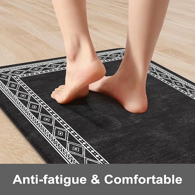 KIMODE Anti Fatigue Kitchen Mats 17"x47"+17"x29", Farmhouse Kitchen Rugs Sets of 2, Cushioned Non Skid Kitchen Mats for Floor, Comfort Kitchen Floor Mats for Sink Laundry Desk Black