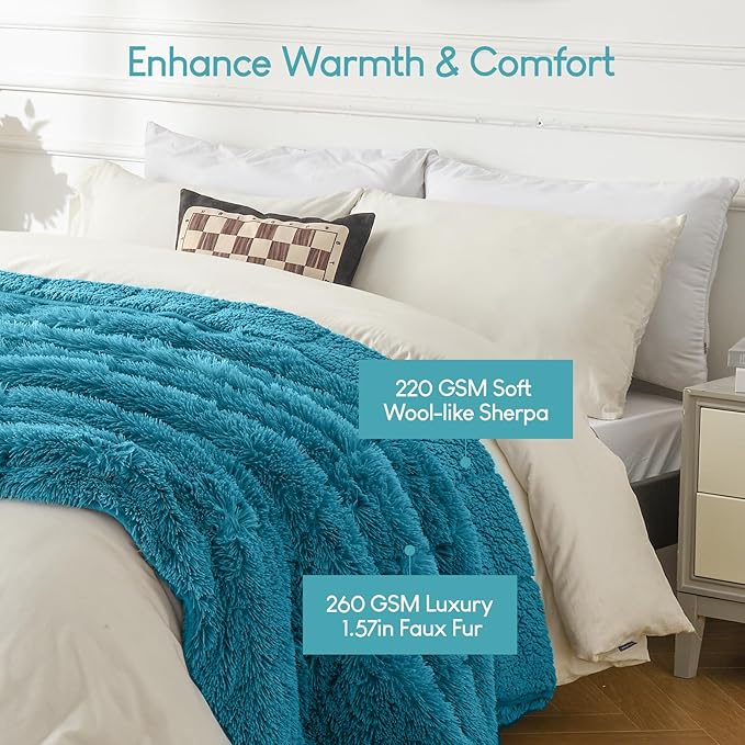Cottonblue Weighted Blanket 12lbs 60x80 inches for Queen Bed, Faux Fur Sherpa Weighted Blanket for Adults, Plush Cozy Bed Blanket with Glass Beads for Calm and Relax,Teal Green