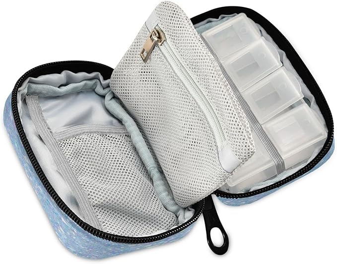 Bright Light Blue Pearl Glitter Pill Organizer Case 7 Day Small Cute Bling Travel Pill Box with Zipper Portable Weekly Vitamin Medicine Supplement Holder Pouch Bag