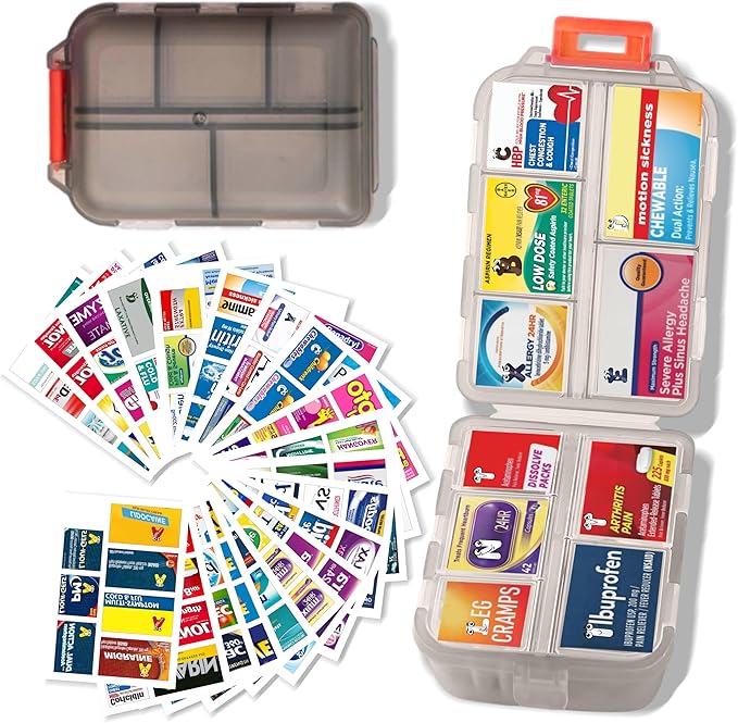 Large Pill Organizer with Medicine Labels - 7 Day Travel Daily Container, Mini Medication Storage Case (Grey, 161 Labels)