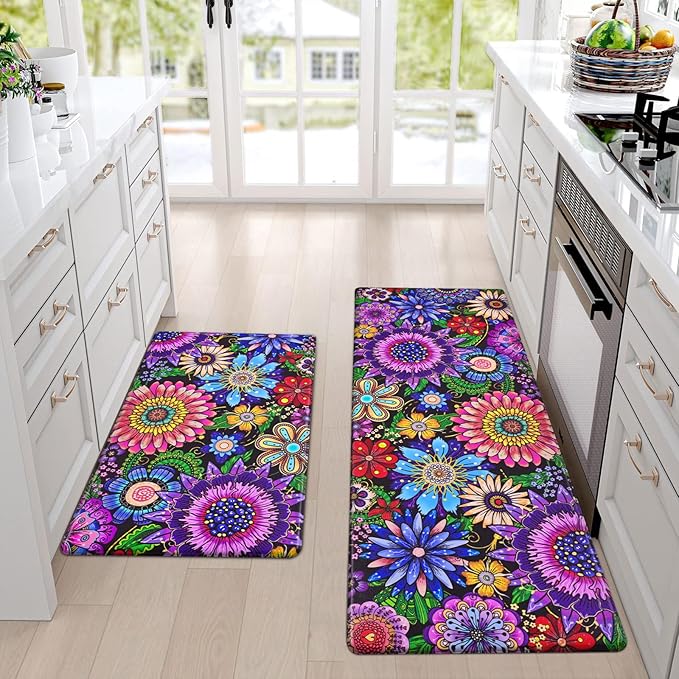 Likiyol Boho Kitchen Rugs, Boho Floral Anti Fatigue Kitchen Mat for Floor, Bohemian Flowers Non Slip Washable Kitchen Floor Mats, Comfort Standing Mat, 18'' x 30''+18''x48'', Floral