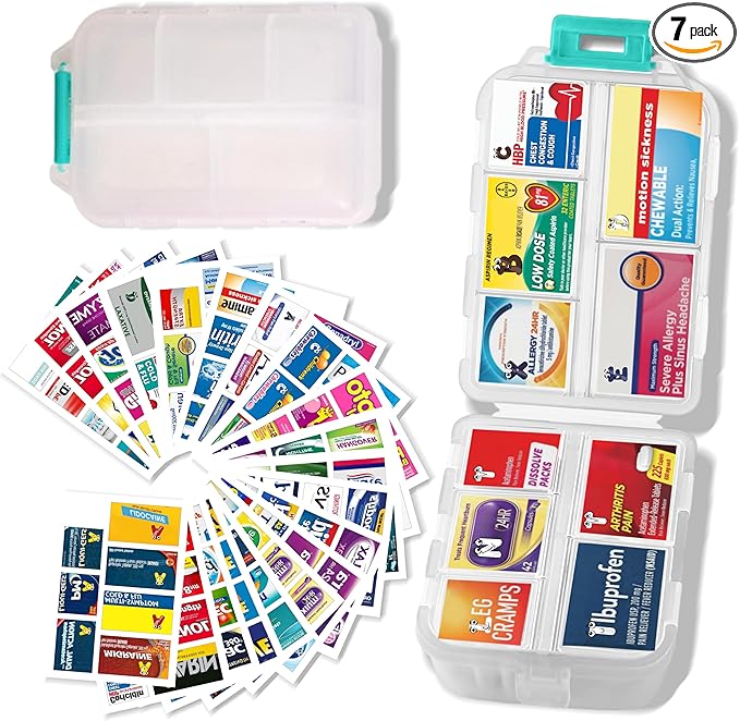 Large Pill Organizer with Medicine Labels - 7 Day Travel Daily Container, Mini Medication Storage Case (White, 161 Labels)