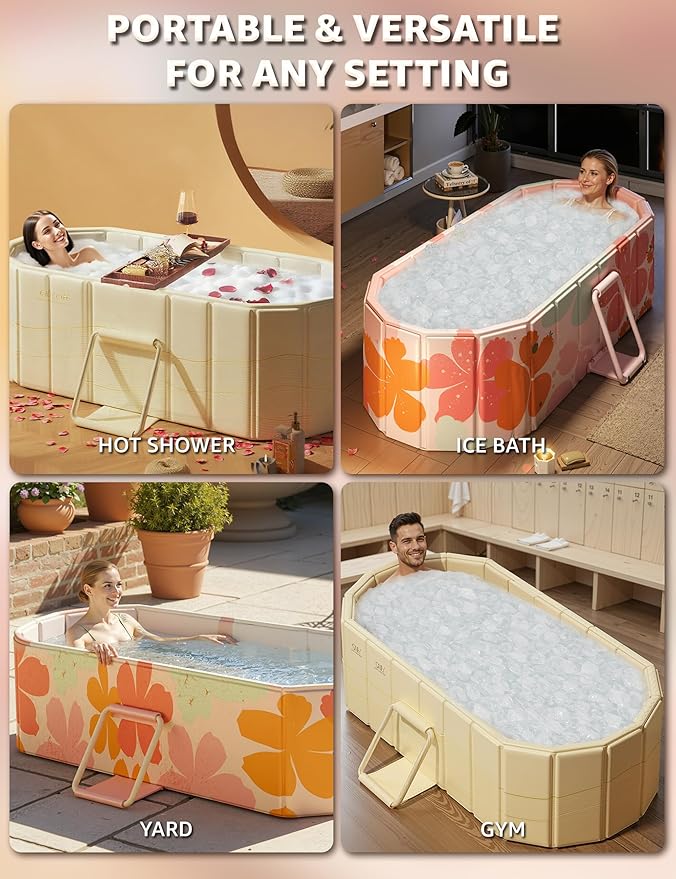 Portable Bathtub Ice Bath Tub - Foldable Collapsible Bathtub for Adult Shower Bathroom Hot SPA Soaking Cold Plunge Tub Freestanding Bathtub 59"Lx22"Wx20"H White