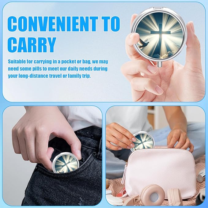 Cross Heaven Pill Case, Blessed Pill Box 3 Compartments Metal Small Pill Holder with Mirror Mini Travel Pill Container for Purse Pocket Women Men