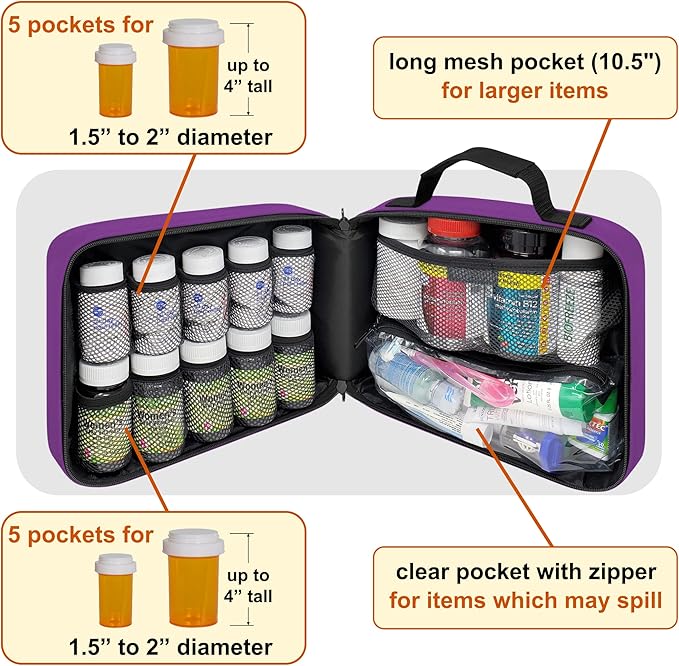 Large Pill Bottle Organizer - 10 Pockets Medicine Bag for Travel & Home Storage - Purple