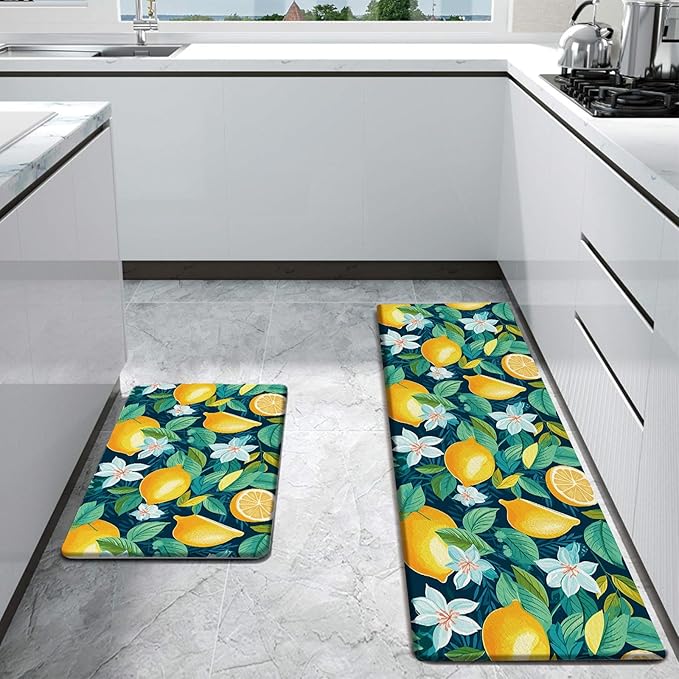 Bulijojo Lemon Anti Fatigue Kitchen Floor Mats Set of 2 Waterproof Kitchen Sink Runner Rug Standing Mat Cushioned Kitchen Rugs Comfort Doormat 17"x47"+17"x28"