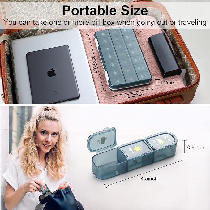 Pill Organizer 3 Times A Day, 7 Day Pill Box - Acedada Weekly Travel Pill Container, Large Medicine Dispenser Vitamins Case Supplements Holder Organizer, Blue
