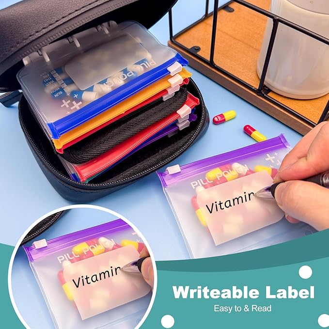 14 Pieces Pill Organizer Pouches, Suitable for A8 Loose-Leaf Pill Storage Bags, BPA Free, 3.4" × 4.3" Reusable Zipper Pouch, Small Item Storage Pouch with Slide Lock