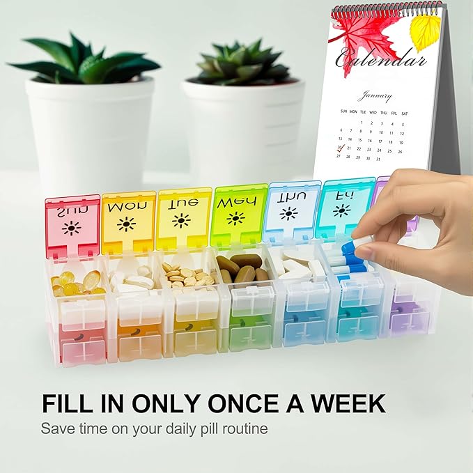 XL Large AM/PM Weekly Pill Organizer Arthritis Friendly, 2 Times a Day Pill Box with Spring Open Design, 7 Day Vitamin Case with Push Button Compartments