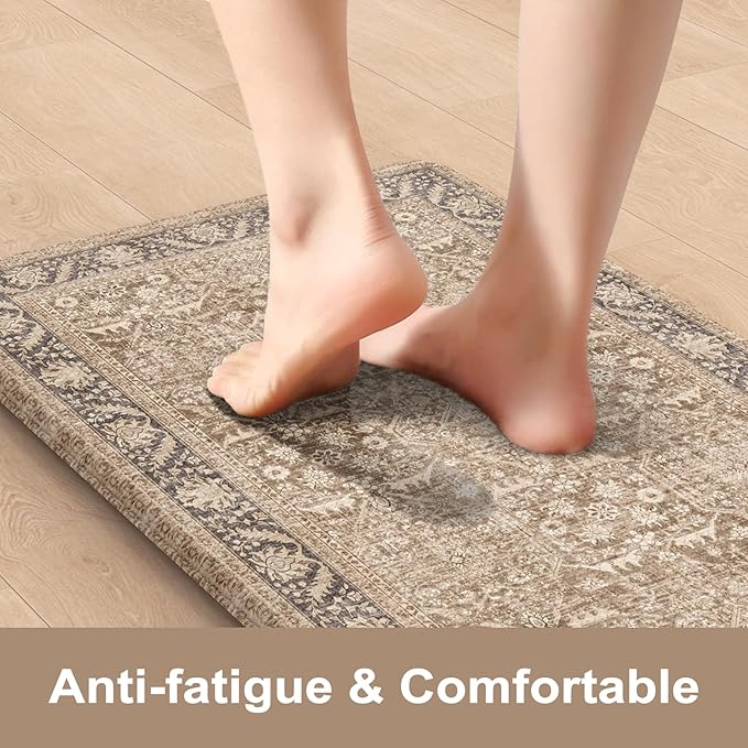 KIMODE Anti Fatigue Kitchen Mat, Boho Distressed Kitchen Rugs Sets of 2, Non Slip Kitchen Mat for Floor, Cushioned Comfort Standing Mat for Sink, Laundry, Office, Desk 17"x47"+17"x29"