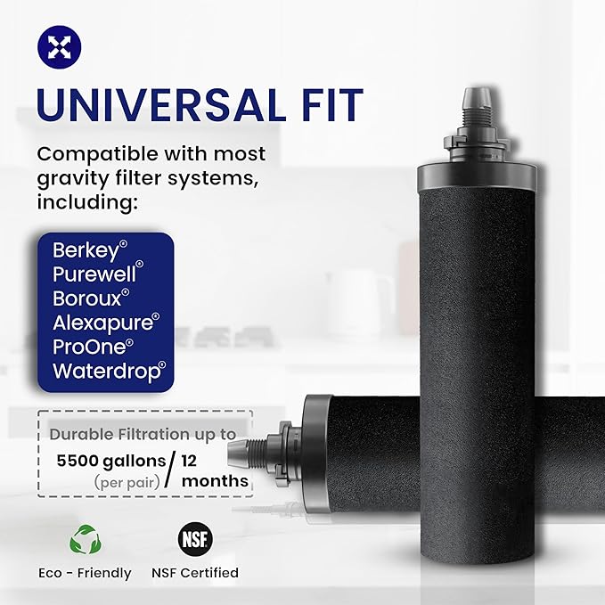 NSF Certified Carbon Replacement Filter Elements (PF-4) - Pack of 2 Filters for Phoenix Gravity Water Filters, Replacement for Berkey® BB9-2, Waterdrop, Purewell & Other Water Filters