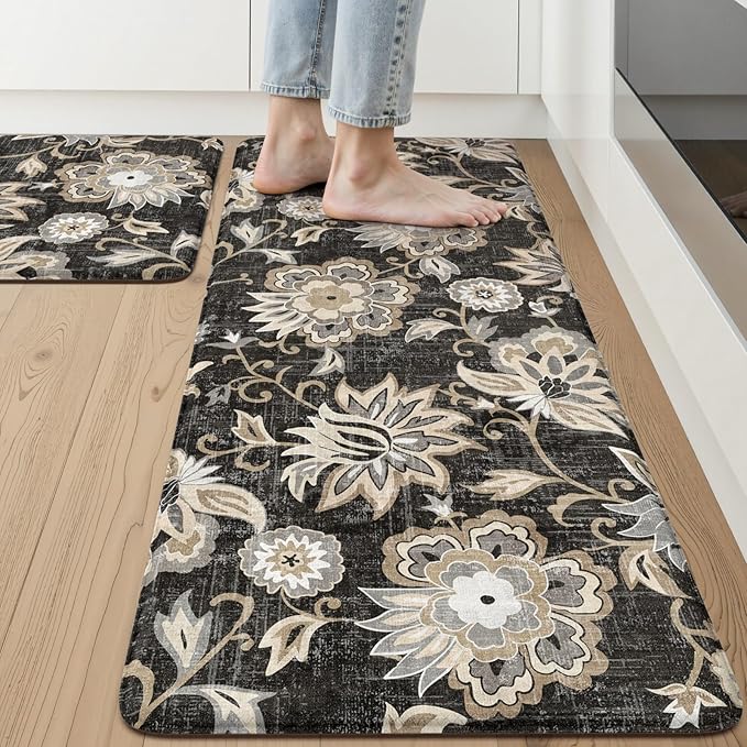 LEEVAN Anti Fatigue Mats for Kitchen Floor 2 Piece,Cushioned Memory Foam Black Kitchen Mats for Floor,Comfort Floral Boho Non Slip Kitchen Floor Mat for Sink,Laundry,Office(20"x31"+20"x47")