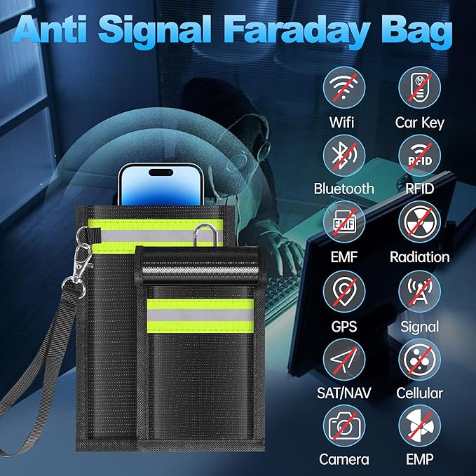 2 Pack Faraday Bags,Portable Faraday Key Fob Protector EMP Protection Bags,Faraday Bags for Phones,Faraday Pouch for Key Fob with Reflective Strip,Water Resistant,Fire Retardant,Foldable,Black