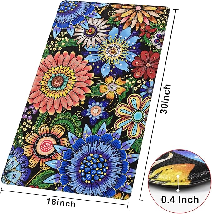 Likiyol Boho Kitchen Rugs, Boho Floral Anti Fatigue Kitchen Mat for Floor, Bohemian Flowers Non Slip Washable Kitchen Floor Mats, Comfort Standing Mat, 18'' x 30''