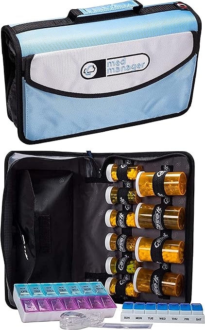 Med Manager Mini Medicine Organizer and Pill Case, Holds (10) Pill Bottles - (6) Standard Size and (4) Large Bottles, Light Blue, 12 inches x 6 inches x 3 inches
