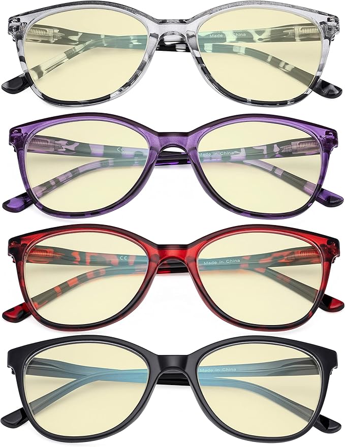 Eyekepper 4 Pack Oversized Blue Light Filter Glasses - Cat Eye Design Computer Reading Glasses for Women Anti Screen Glare Blocking Digital Blue Rays Yellow Tinted +0.00