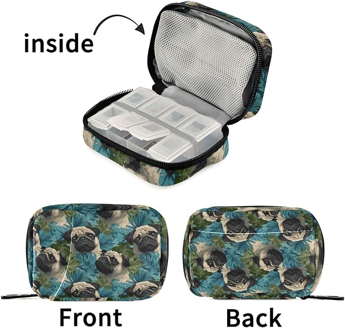 Pill Organizer Case Pouch Hawaiian Pug Print for Travel, Portable Pill Box Supplement Holder 7 Days