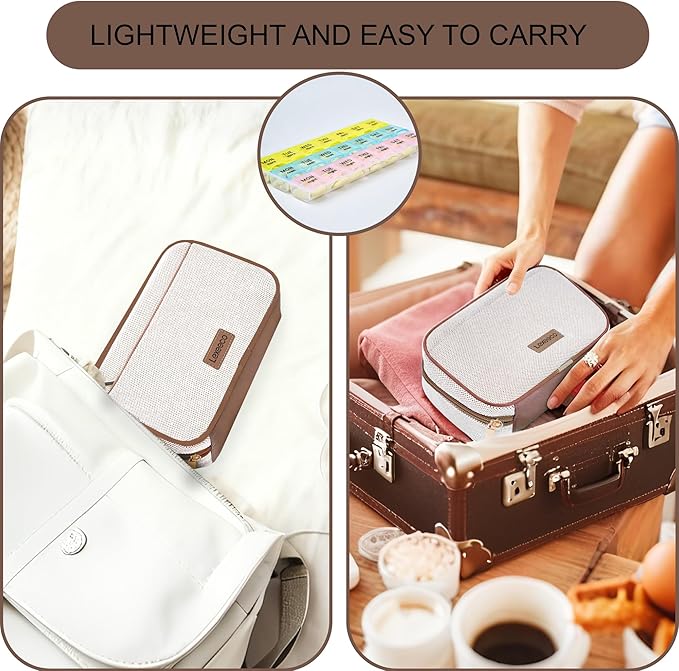 Weekly Travel Pill Organizer Pill Case for Purse with Removable 7 Day Pill Box Holder,Cute Medication Organizer Pill Container for Medicine, Vitamin, Fish Oils,Supplement(Brown, Small)
