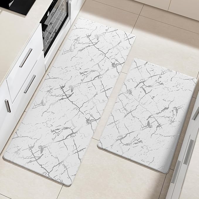 Silver Foil Stamped Marble Kitchen Mats for Floor 2PCS Cushioned Anti Fatigue Non Slip Waterproof Comfort Leather Kitchen Rugs 2/5 Inch PVC Kitchen Mats for Sink, Laundry, 17.3"x28"+17.3"x59",White