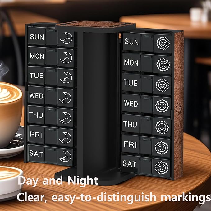 Pill Organizer 7 Day AM PM, Discreet 2 Times a Day Weekly Pill Box with Double Protection Shell, Large Capacity Portable Vitamin Case for Travel Meds & Medicine Organizer, Brown