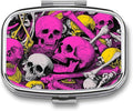 Metal Pill Organizer – 2-Compartment Pocket Pill Box for Vitamins, Supplements, Medications – Compact Travel Case (Psychedelic Neon Skull Chaos)