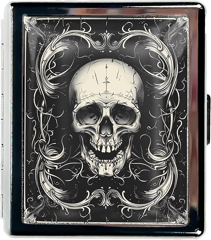 Cute Travel Pill Box Organizer with 8 Compartments - Compact and Fashionable Pill Case with Mirror - Ideal for Medications (Vintage Skull)