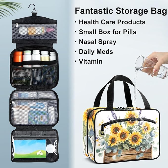 Fustylead Farmhouse Sunflowers Lavender Floral Pill Organizer Bag Large Medicine Travel Carrying Case with Zipper for Vitamin Supplements Fish Oil, Empty First Aid Kit for Hiking Camping