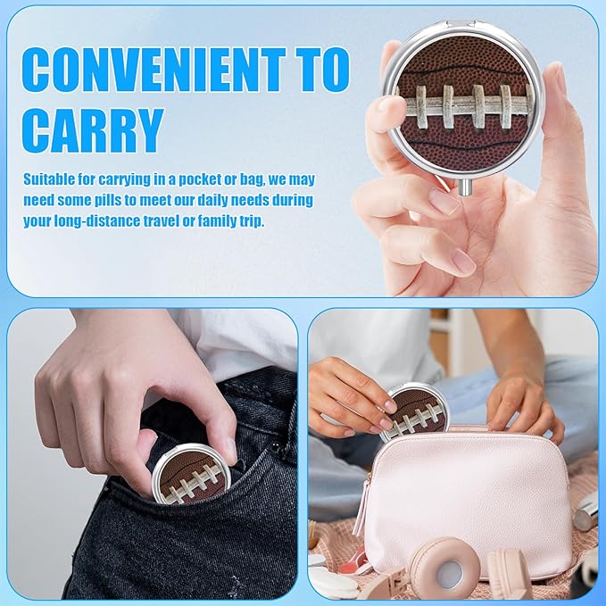 American Football Pill Case, Ball Lover Pill Box 3 Compartments Metal Small Pill Holder with Mirror Mini Travel Pill Container for Purse Pocket Women Men