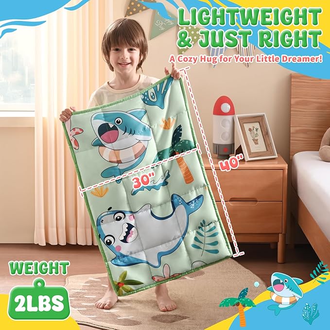 anfie Weighted Lap Pad 2 Pounds, Weighted Blanket (30"*40") Cooling Blanket for Sleeping,Weighted Throw Blanket for Travel Indoor Outdoor (Green Shark)