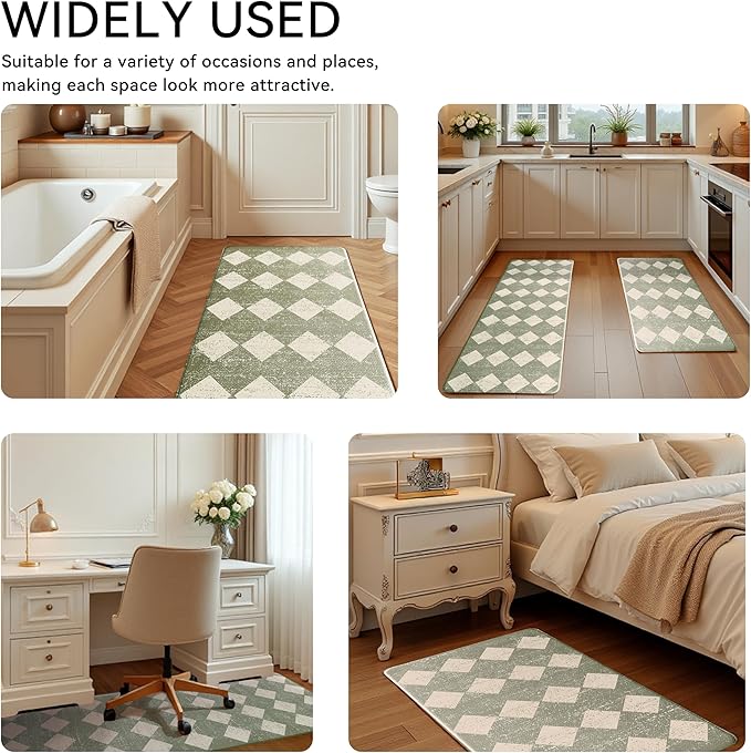 Sage Beige Moroccan Trellis Checkered Kitchen Rug Sets [2 PCs], Anti-Fatigue, Waterproof Non-Slip Kitchen Mats Heavy Duty Ergonomic Comfort Foam Rug for Floor, Home, Laundry,17"x29"+17"x47"