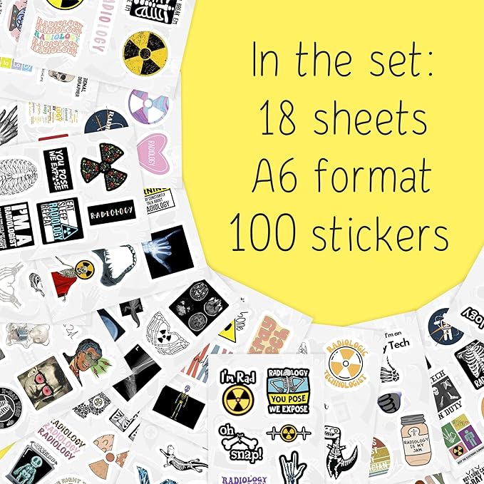 BulbaCraft 100Pcs Rad Tech Stickers, Radiology Stickers, Xray Tech Decals for Water Bottle and Laptop - Radiology Party Supplies & Decorations, Waterproof Vinyl Medical Decals, Gifts for Women & Men