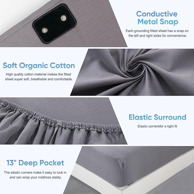 Grounding Sheet Queen Size - 95% Organic Cotton + 5% Pure Silver Fiber, Earth Connected Bedding (60"x 80"x 13" Gray) Fitted with Cord