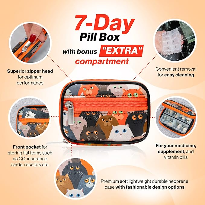 Made Easy Kit Pill Case - Medicine Organizer Box with Removable Seven-Day Vitamin & Supplement – Compact Travel Ready Dispenser in Pouch Holder with Zippered Pocket (ORG Cat)