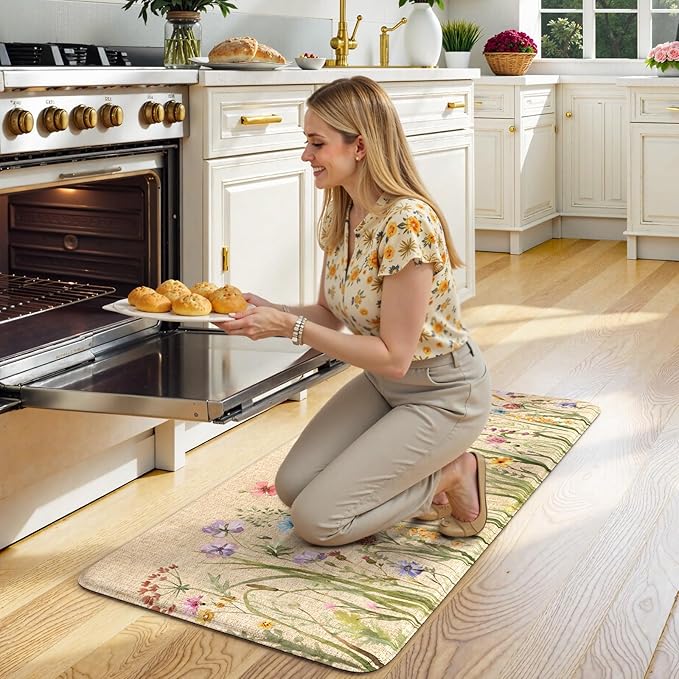 KIMODE Kitchen Mats for Floor Anti Fatigue, Boho Flower Kitchen Rug, Cushioned Kitchen Floor Mats, Comfort Standing Mat, Padded Kitchen Floor Mat for Sink Laundry Office Desk 20"x39" Brown