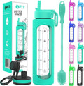 FIT Strong & Healthy 32 oz Glass Water Bottle with Straw Lid - Wide Mouth Borosilicate Glass Water Bottles with Time Marker, Silicone Sleeve & Extra Lid - 1L Large Motivational Drinking Bottle
