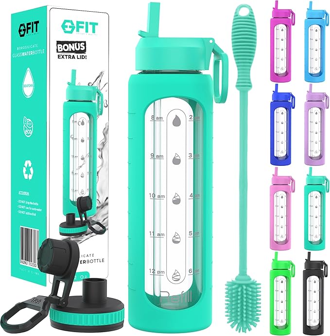 FIT Strong & Healthy 32 oz Glass Water Bottle with Straw Lid - Wide Mouth Borosilicate Glass Water Bottles with Time Marker, Silicone Sleeve & Extra Lid - 1L Large Motivational Drinking Bottle