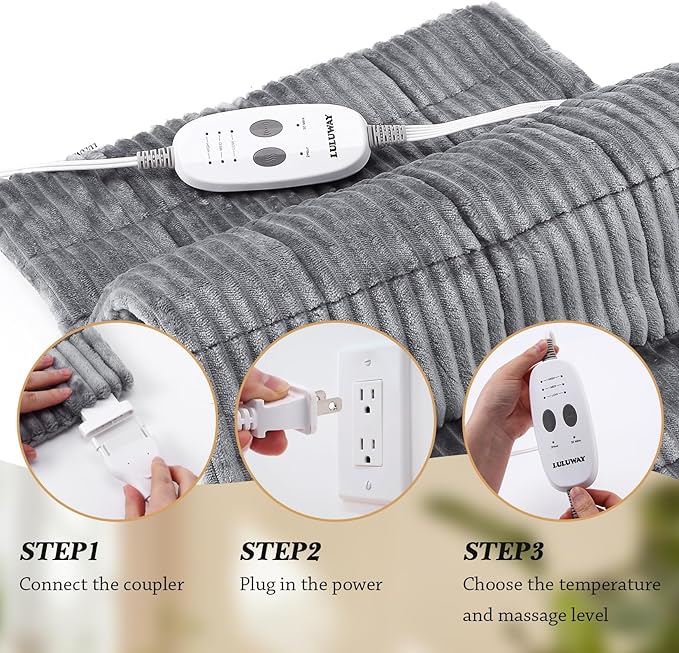 Weighted Heating Pad with Massager Electric Heating Pad for Back with Massaging Vibration, 3 Heating Levels & 3 Massage Types, XXXL Large Size Heating Pad, 33” x 17”, Grey