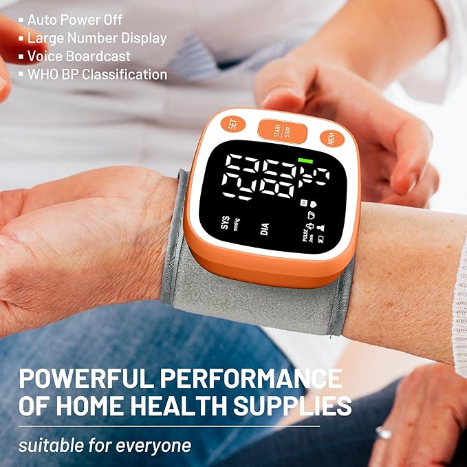 Oklar Blood Pressure Monitors for Home Use Rechargeable Wrist Digital BP Machine Cuff with LED Backlit Display, Voice Broadcast, 240 Memory Storage for 2 Users with Carrying Case, Orange