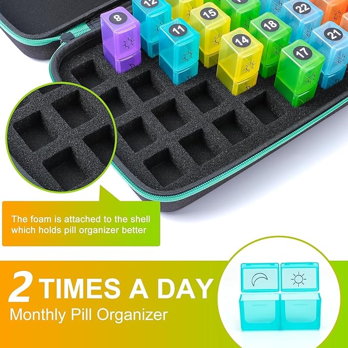 Monthly Pill Organizer 2 Times a Day,Month Pill Box Organizer with 32 Daily Compartments,30 Days Pill Holder with Hard Travel Case Pill Case Vitamins Case+Portable 7-Day Travel Medicine Organizing Bag