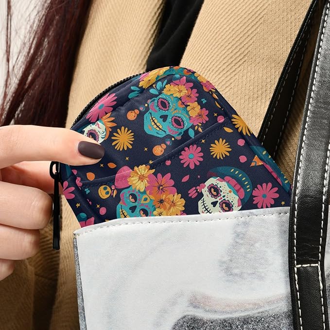 Fustylead Beautiful Sugar Skulls Women and Floral Pill Organizer for Purse, Weekly Portable Pill Box with Zipper to Storage Vitamins Fish Oils Medications Supplements