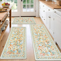 Kitchen Rugs Sets of 3 Cushioned Anti Fatigue Kitchen Mats for Floor, Non Slip Waterproof Vintage Botanical Floral Runner Rug, Comfort Standing Mat for Laundry, Sink, Office Beige