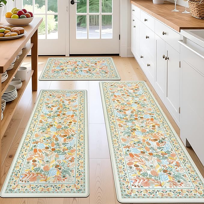 Kitchen Rugs Sets of 3 Cushioned Anti Fatigue Kitchen Mats for Floor, Non Slip Waterproof Vintage Botanical Floral Runner Rug, Comfort Standing Mat for Laundry, Sink, Office Beige