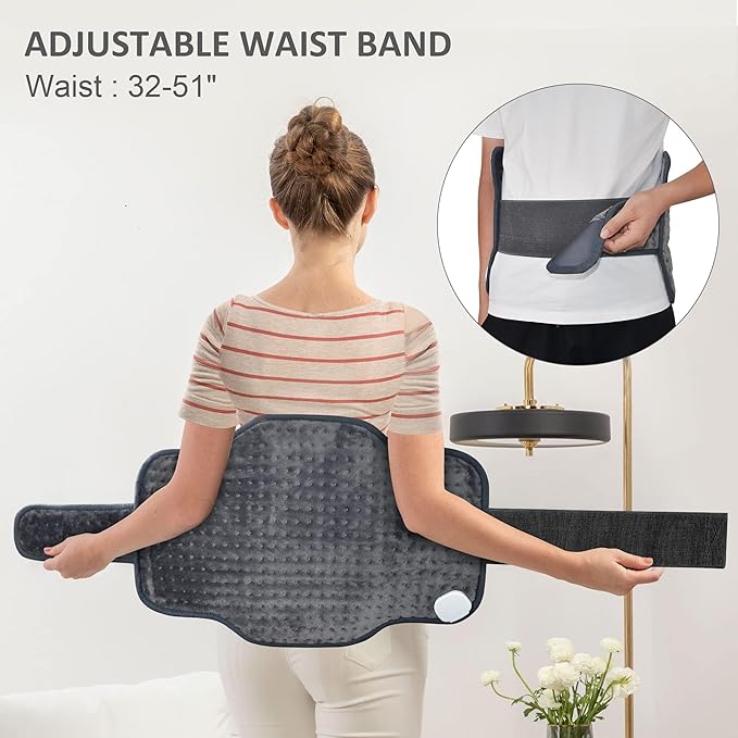 Snailax Heating Pad for Back Pain Relief，Electric Heat Pad for Period Cramps, Neck, Shoulders, Heated Pad with Adjustable Strap, 6 Heat Levels, Auto Shut Off, 16”x24”,Washable,Gifts