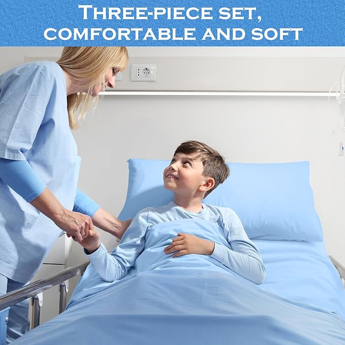 Moukeren 3 Pcs Hospital Bed Sheets Set Deep Pocket Fitted Sheet 36 with Elastic All Around Easy Care Knitted Jersey for Home/Nursing Home (Blue)
