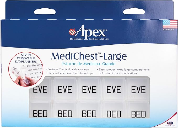 Apex Medi Chest Large Pill Organizer - Medicine Organizer w/Seven Removable Pill containers - Weekly Pill Organizer w/Morning, noon, Evening, & Bed Pill Boxes - Travel Medicine Organizer for Pills