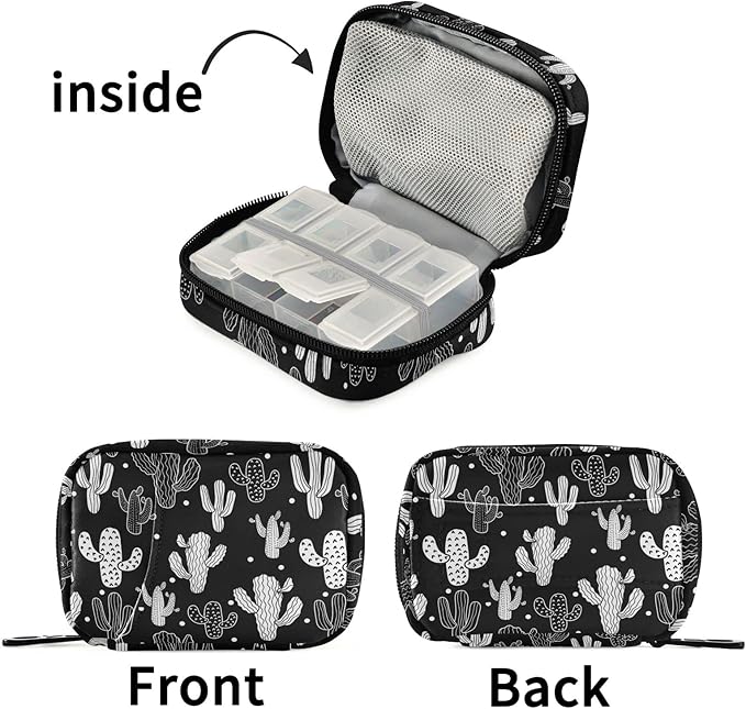 Fustylead Cartoon Cactus Pill Organizers 2 Times A Day Pill Case Bag with Zipper Portable Weekly Pill Dispensers for Vitamin Supplement